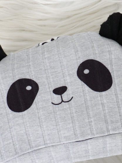 2pcs/Set Baby Boy Ribbed Fabric Bear Print Long Sleeve Romper & 3D Bear Ear Hat, Suitable For Casual, Outdoor, Vacation And Other Occasions, Versatile