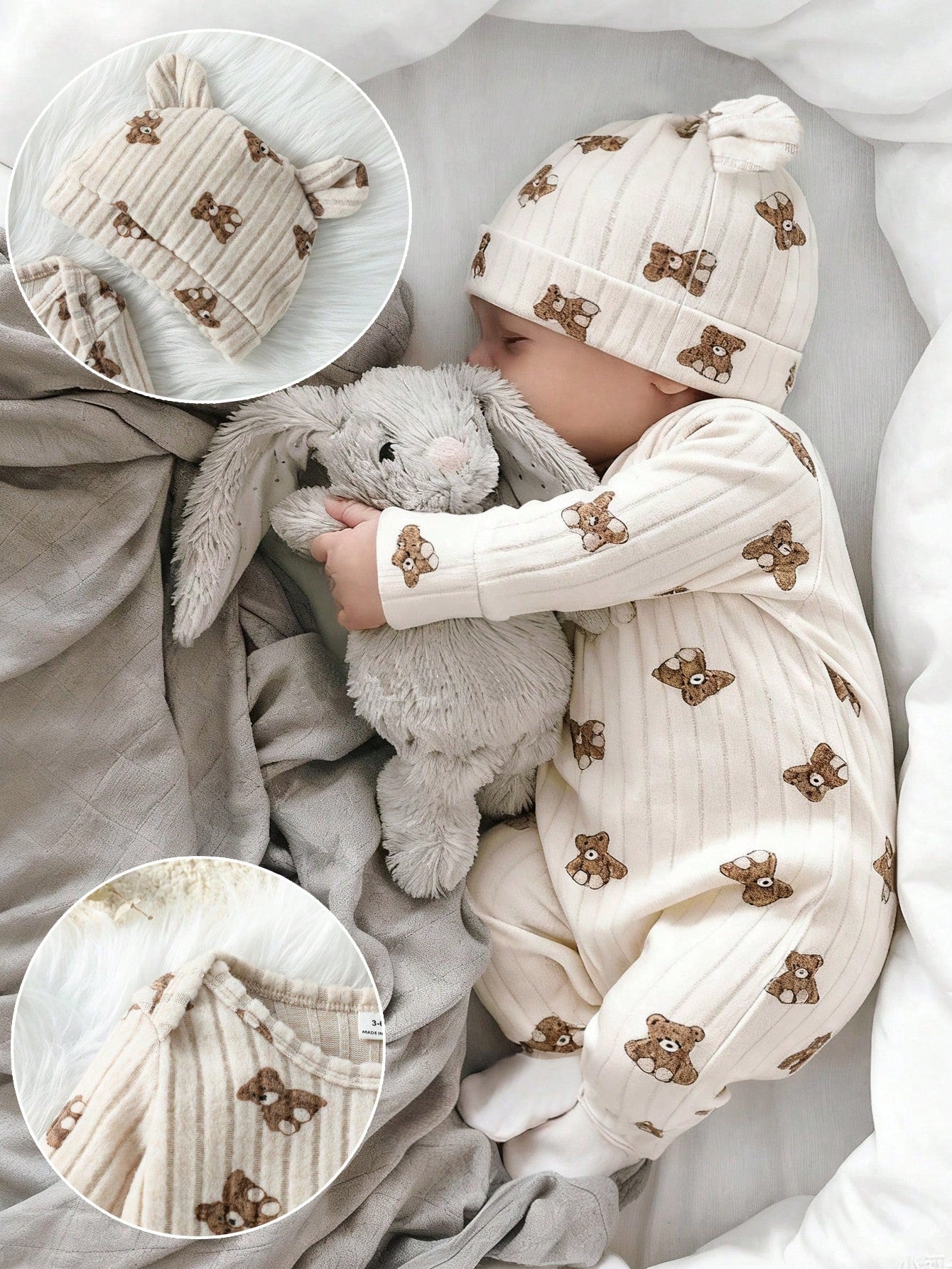 2pcs/Set Baby Boy Ribbed Fabric Bear Print Long Sleeve Romper & 3D Bear Ear Hat, Suitable For Casual, Outdoor, Vacation And Other Occasions, Versatile