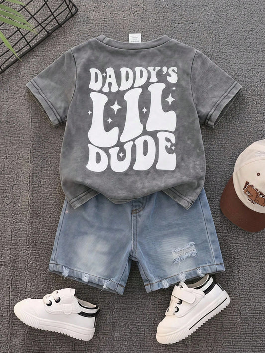 2pcs/Set Baby Boy Summer Casual Street Style Denim Knit Top And Denim Shorts Set, Infant Boy Denim Outfit, T-Shirt Set, Holiday Set, Summer Set