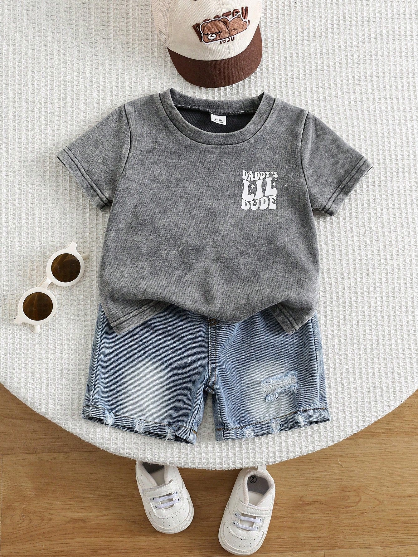 2pcs/Set Baby Boy Summer Casual Street Style Denim Knit Top And Denim Shorts Set, Infant Boy Denim Outfit, T-Shirt Set, Holiday Set, Summer Set