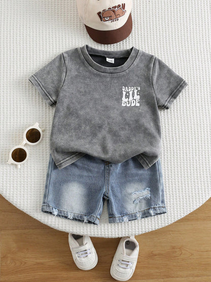 2pcs/Set Baby Boy Summer Casual Street Style Denim Knit Top And Denim Shorts Set, Infant Boy Denim Outfit, T-Shirt Set, Holiday Set, Summer Set