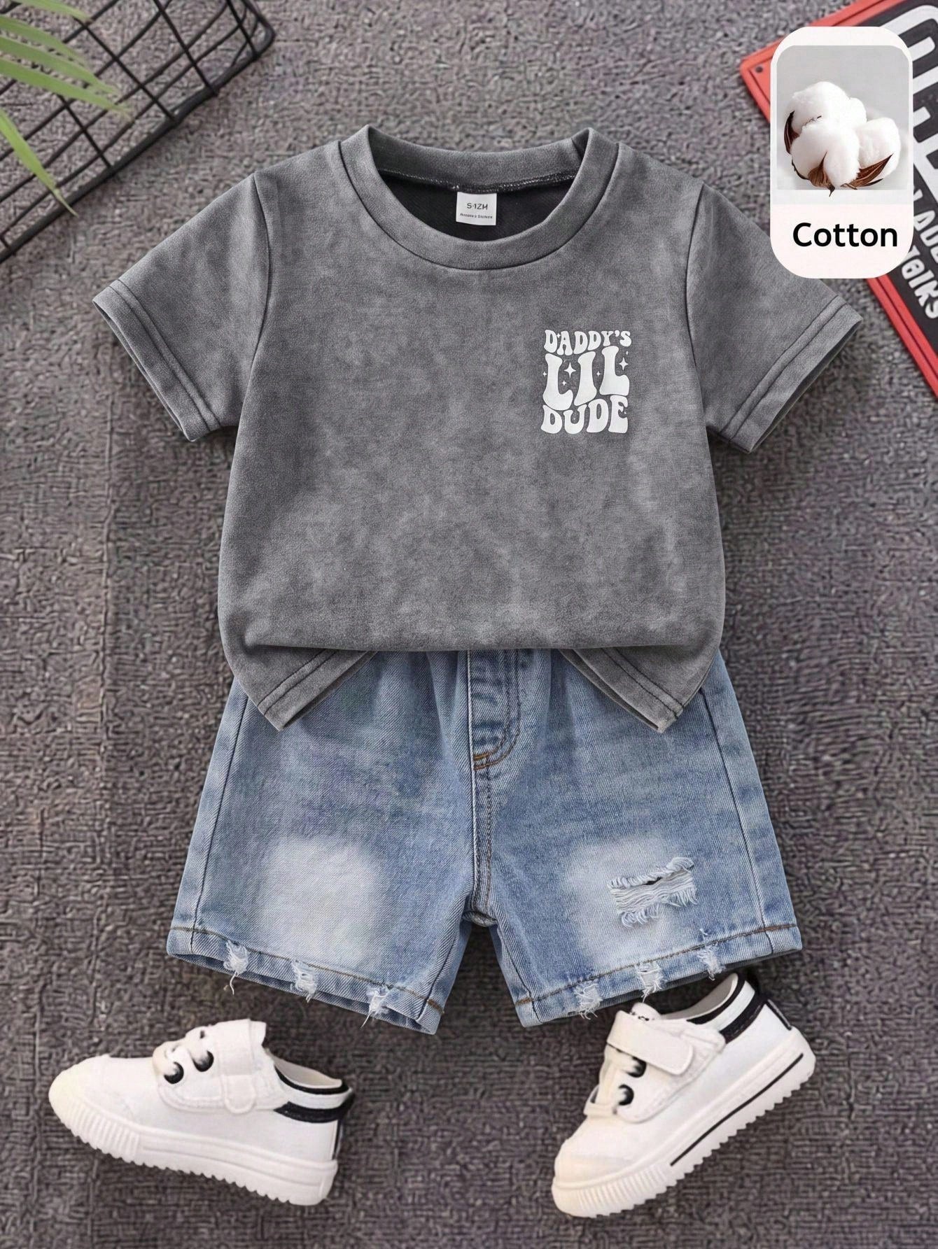2pcs/Set Baby Boy Summer Casual Street Style Denim Knit Top And Denim Shorts Set, Infant Boy Denim Outfit, T-Shirt Set, Holiday Set, Summer Set