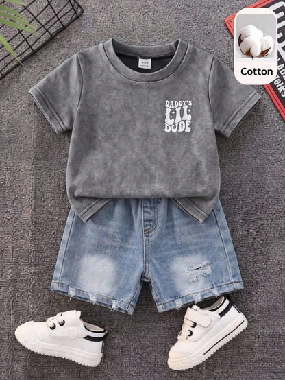 2pcs/Set Baby Boy Summer Casual Street Style Denim Knit Top And Denim Shorts Set, Infant Boy Denim Outfit, T-Shirt Set, Holiday Set, Summer Set