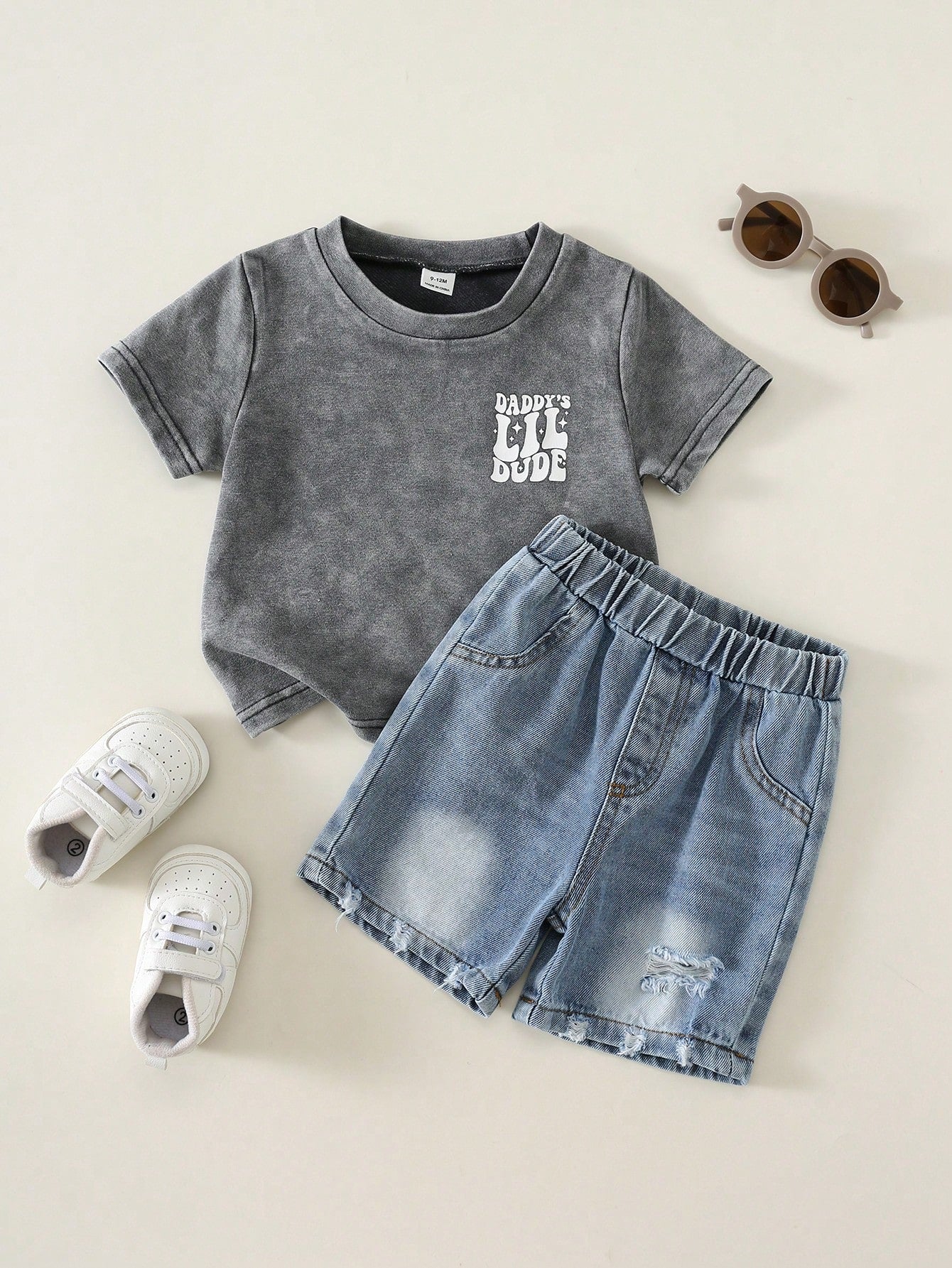2pcs/Set Baby Boy Summer Casual Street Style Denim Knit Top And Denim Shorts Set, Infant Boy Denim Outfit, T-Shirt Set, Holiday Set, Summer Set