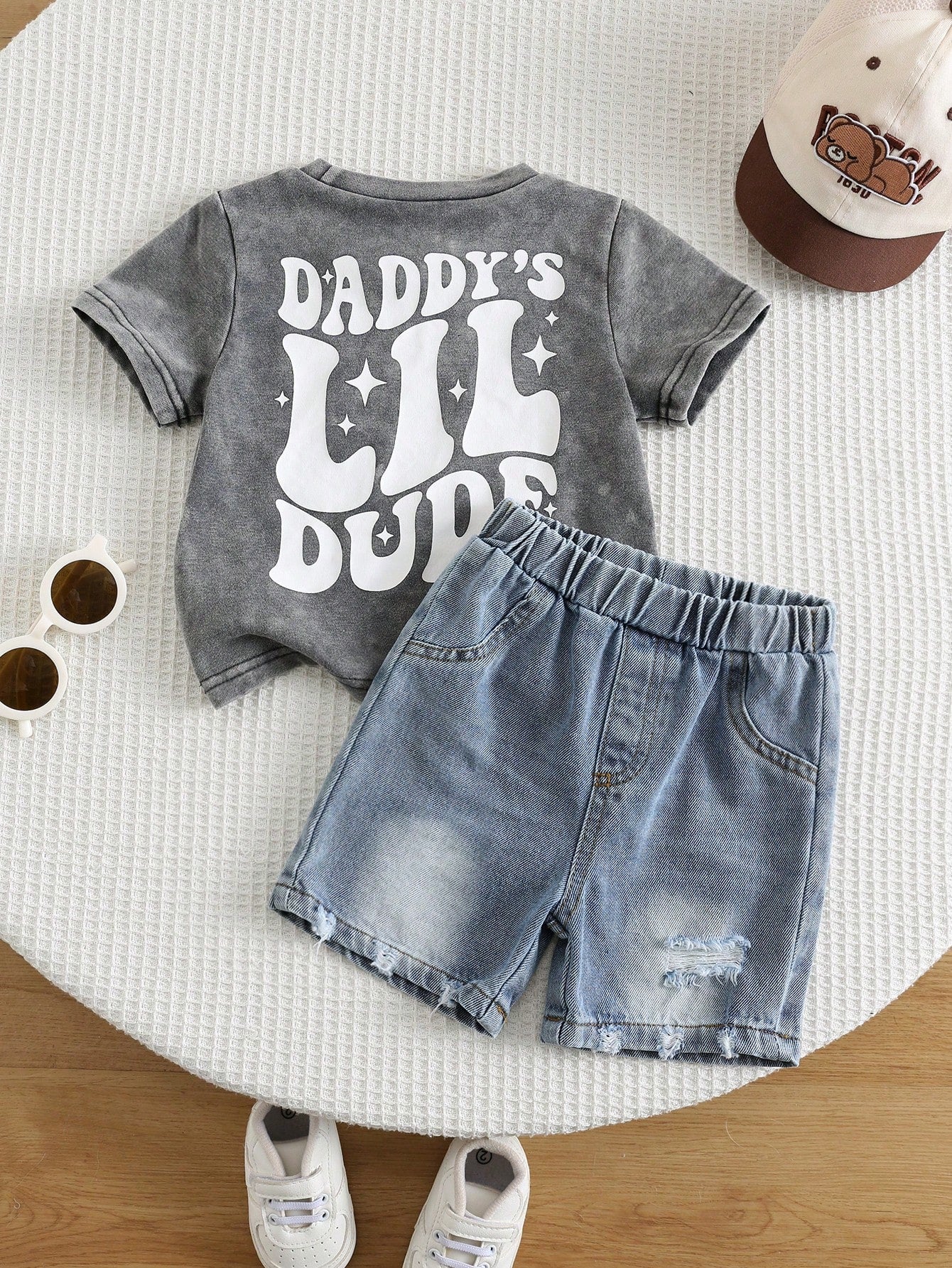 2pcs/Set Baby Boy Summer Casual Street Style Denim Knit Top And Denim Shorts Set, Infant Boy Denim Outfit, T-Shirt Set, Holiday Set, Summer Set