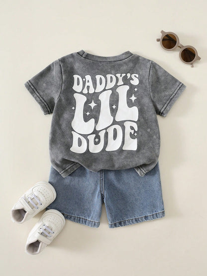 2pcs/Set Baby Boy Summer Casual Street Style Denim Knit Top And Denim Shorts Set, Infant Boy Denim Outfit, T-Shirt Set, Holiday Set, Summer Set