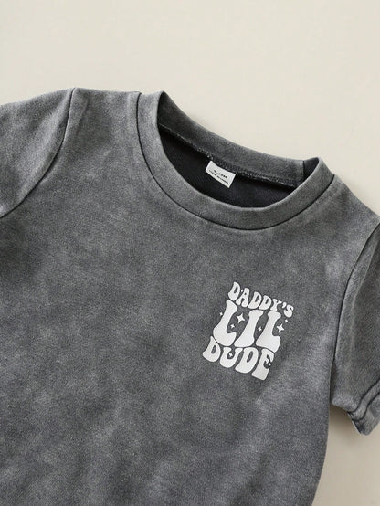 2pcs/Set Baby Boy Summer Casual Street Style Denim Knit Top And Denim Shorts Set, Infant Boy Denim Outfit, T-Shirt Set, Holiday Set, Summer Set
