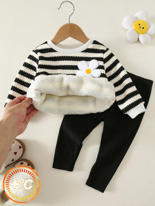 2pcs/Set Baby Girl Autumn/Winter Cute Casual Striped Knit Floral Pattern Long Sleeve Sweatshirt & Pants Set, Infant Autumn/Winter Outfit, Fleece Lined Sweatshirt Set, Striped Set