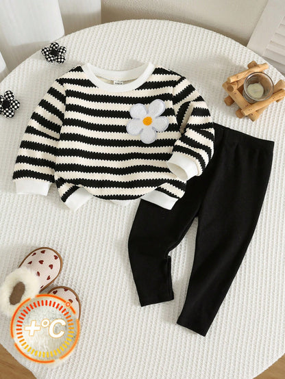 2pcs/Set Baby Girl Autumn/Winter Cute Casual Striped Knit Floral Pattern Long Sleeve Sweatshirt & Pants Set, Infant Autumn/Winter Outfit, Fleece Lined Sweatshirt Set, Striped Set