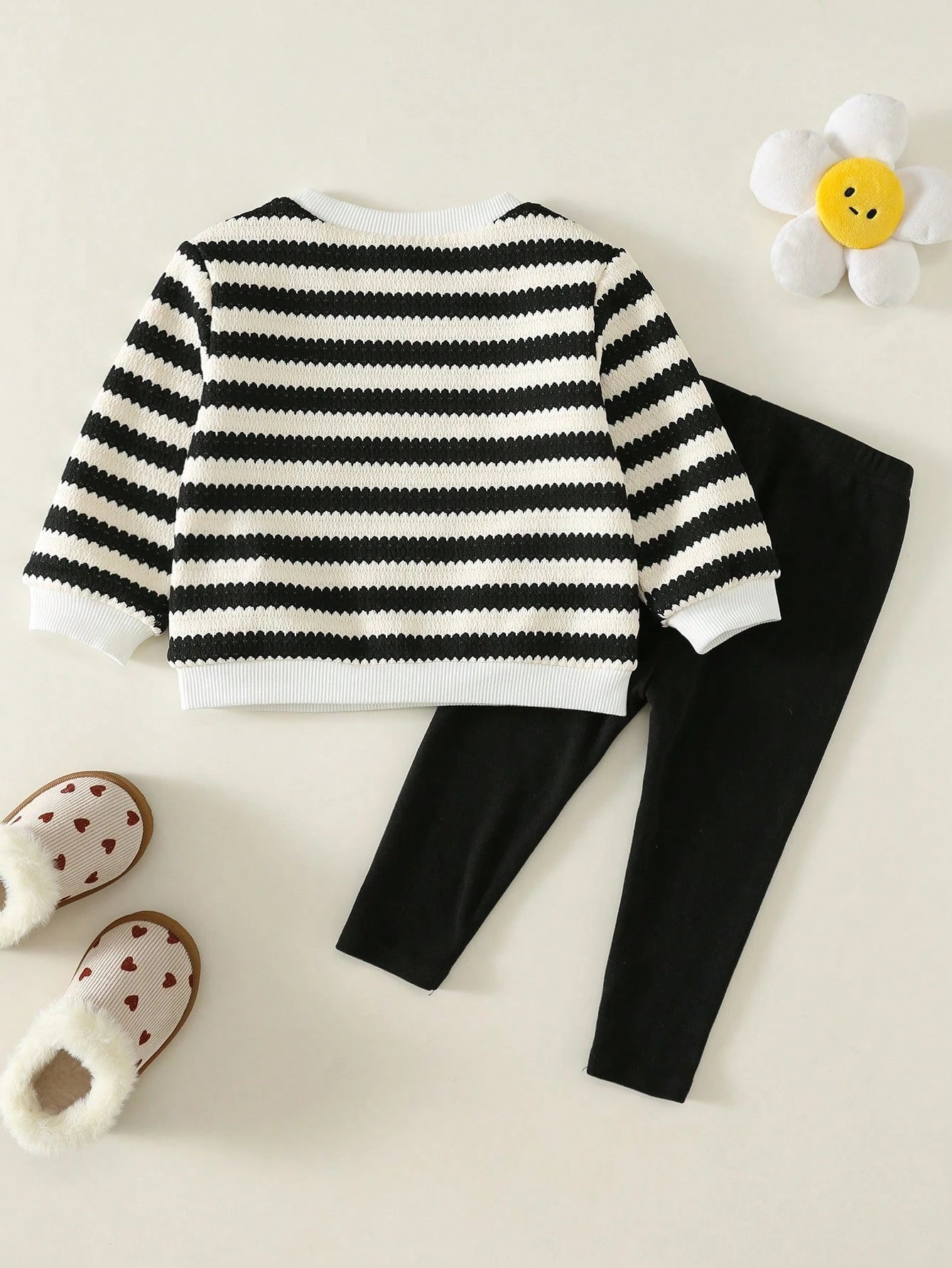 2pcs/Set Baby Girl Autumn/Winter Cute Casual Striped Knit Floral Pattern Long Sleeve Sweatshirt & Pants Set, Infant Autumn/Winter Outfit, Fleece Lined Sweatshirt Set, Striped Set