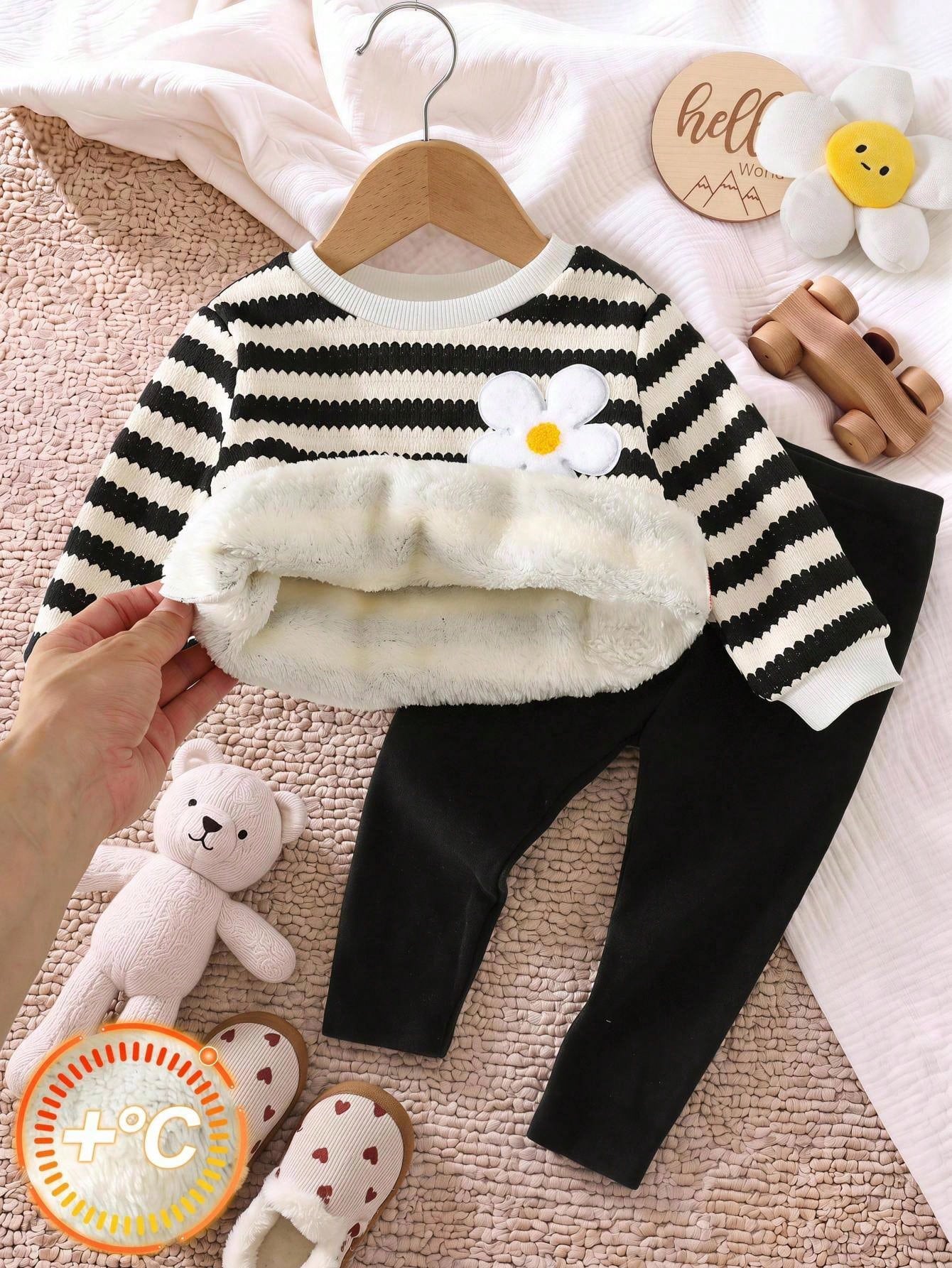 2pcs/Set Baby Girl Autumn/Winter Cute Casual Striped Knit Floral Pattern Long Sleeve Sweatshirt & Pants Set, Infant Autumn/Winter Outfit, Fleece Lined Sweatshirt Set, Striped Set