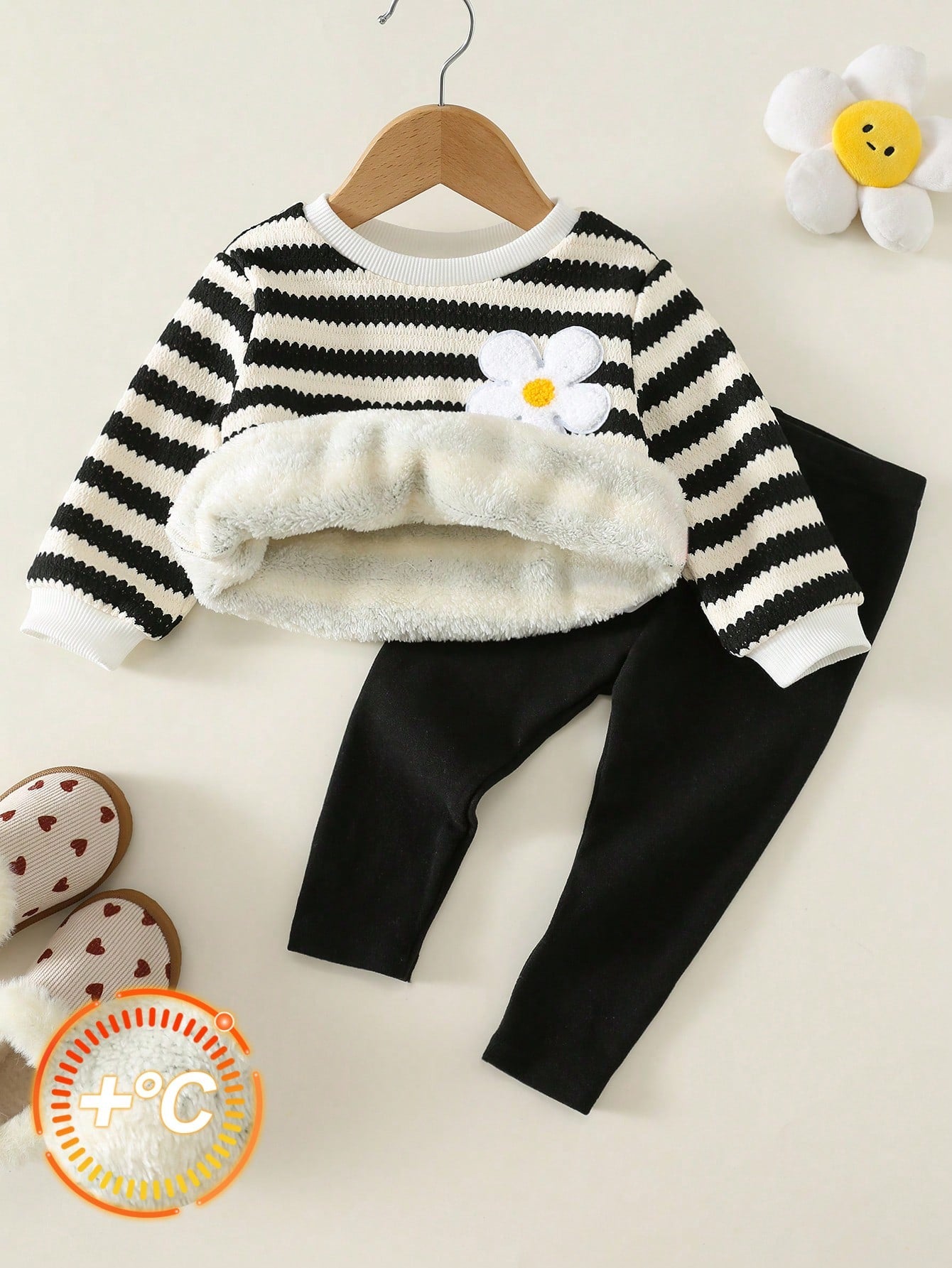 2pcs/Set Baby Girl Autumn/Winter Cute Casual Striped Knit Floral Pattern Long Sleeve Sweatshirt & Pants Set, Infant Autumn/Winter Outfit, Fleece Lined Sweatshirt Set, Striped Set