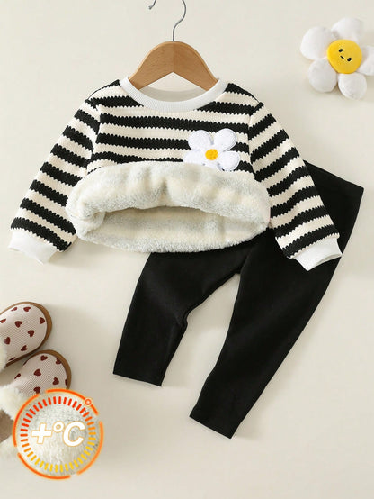 2pcs/Set Baby Girl Autumn/Winter Cute Casual Striped Knit Floral Pattern Long Sleeve Sweatshirt & Pants Set, Infant Autumn/Winter Outfit, Fleece Lined Sweatshirt Set, Striped Set
