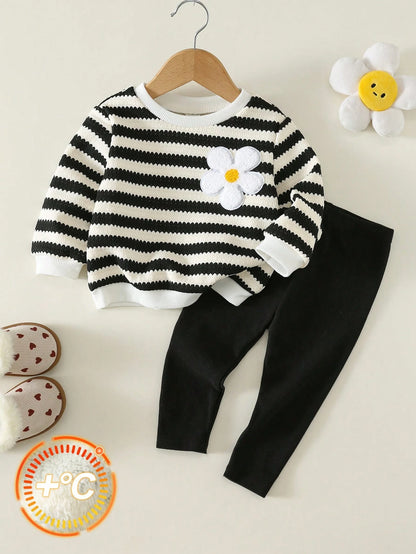 2pcs/Set Baby Girl Autumn/Winter Cute Casual Striped Knit Floral Pattern Long Sleeve Sweatshirt & Pants Set, Infant Autumn/Winter Outfit, Fleece Lined Sweatshirt Set, Striped Set
