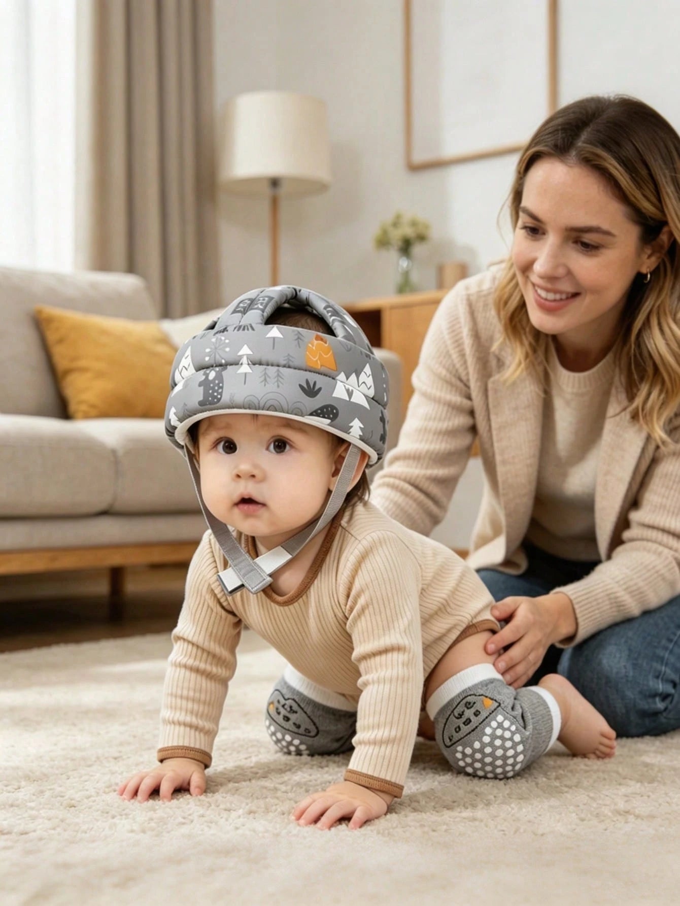 2pcs/Set Baby Head Protection Cap + Baby Knee Pads, Multi-Color Optional, Baby Walking Head Protection Combo Set, Cartoon Print Adjustable Anti-Fall Anti-Collision Infant Toddler Crawling Soft Head Pr