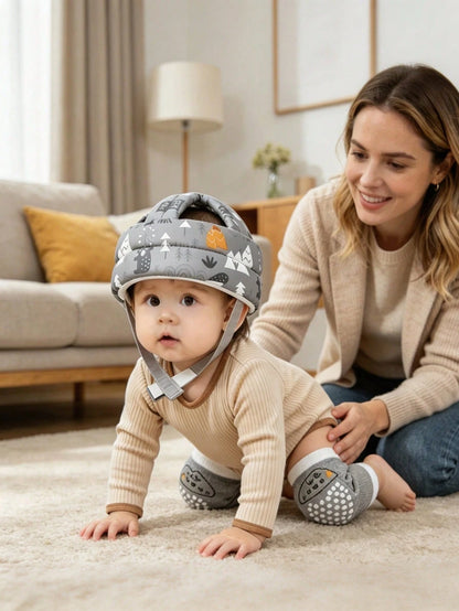 2pcs/Set Baby Head Protection Cap + Baby Knee Pads, Multi-Color Optional, Baby Walking Head Protection Combo Set, Cartoon Print Adjustable Anti-Fall Anti-Collision Infant Toddler Crawling Soft Head Pr