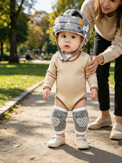 2pcs/Set Baby Head Protection Cap + Baby Knee Pads, Multi-Color Optional, Baby Walking Head Protection Combo Set, Cartoon Print Adjustable Anti-Fall Anti-Collision Infant Toddler Crawling Soft Head Pr