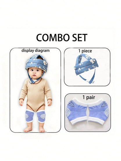 2pcs/Set Baby Head Protection Cap + Baby Knee Pads, Multi-Color Optional, Baby Walking Head Protection Combo Set, Cartoon Print Adjustable Anti-Fall Anti-Collision Infant Toddler Crawling Soft Head Pr