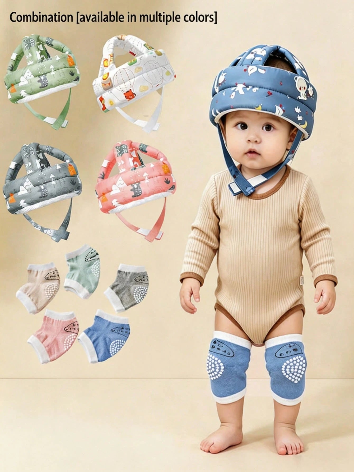 2pcs/Set Baby Head Protection Cap + Baby Knee Pads, Multi-Color Optional, Baby Walking Head Protection Combo Set, Cartoon Print Adjustable Anti-Fall Anti-Collision Infant Toddler Crawling Soft Head Pr