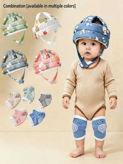 2pcs/Set Baby Head Protection Cap + Baby Knee Pads, Multi-Color Optional, Baby Walking Head Protection Combo Set, Cartoon Print Adjustable Anti-Fall Anti-Collision Infant Toddler Crawling Soft Head Pr
