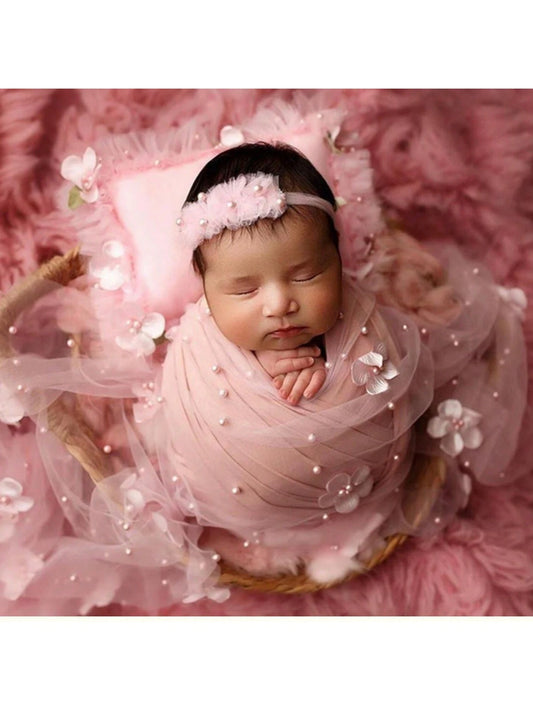 2pcs/Set Baby Pearl Wrap, With Headband, Newborn Photography Props, Floral Wrap, Chiffon Pearls, DIY Baby Boy/Girl Photo Shoot Blanket, Baby Shower Easter Gift