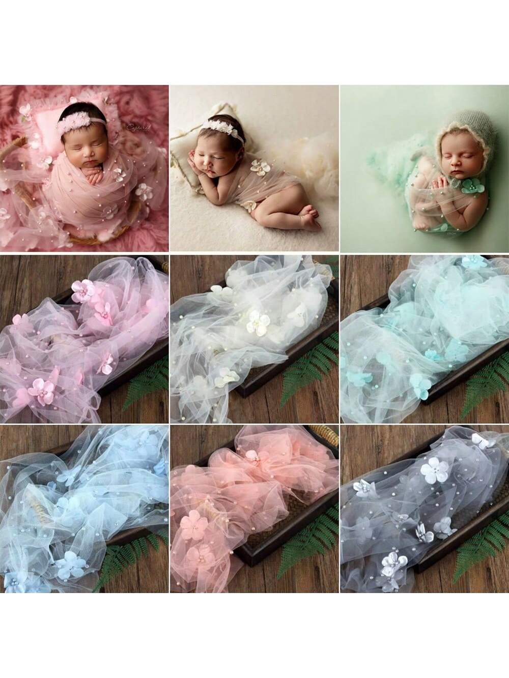 2pcs/Set Baby Pearl Wrap, With Headband, Newborn Photography Props, Floral Wrap, Chiffon Pearls, DIY Baby Boy/Girl Photo Shoot Blanket, Baby Shower Easter Gift