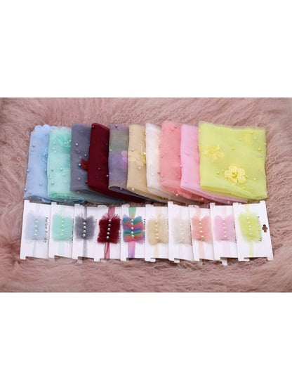 2pcs/Set Baby Pearl Wrap, With Headband, Newborn Photography Props, Floral Wrap, Chiffon Pearls, DIY Baby Boy/Girl Photo Shoot Blanket, Baby Shower Easter Gift