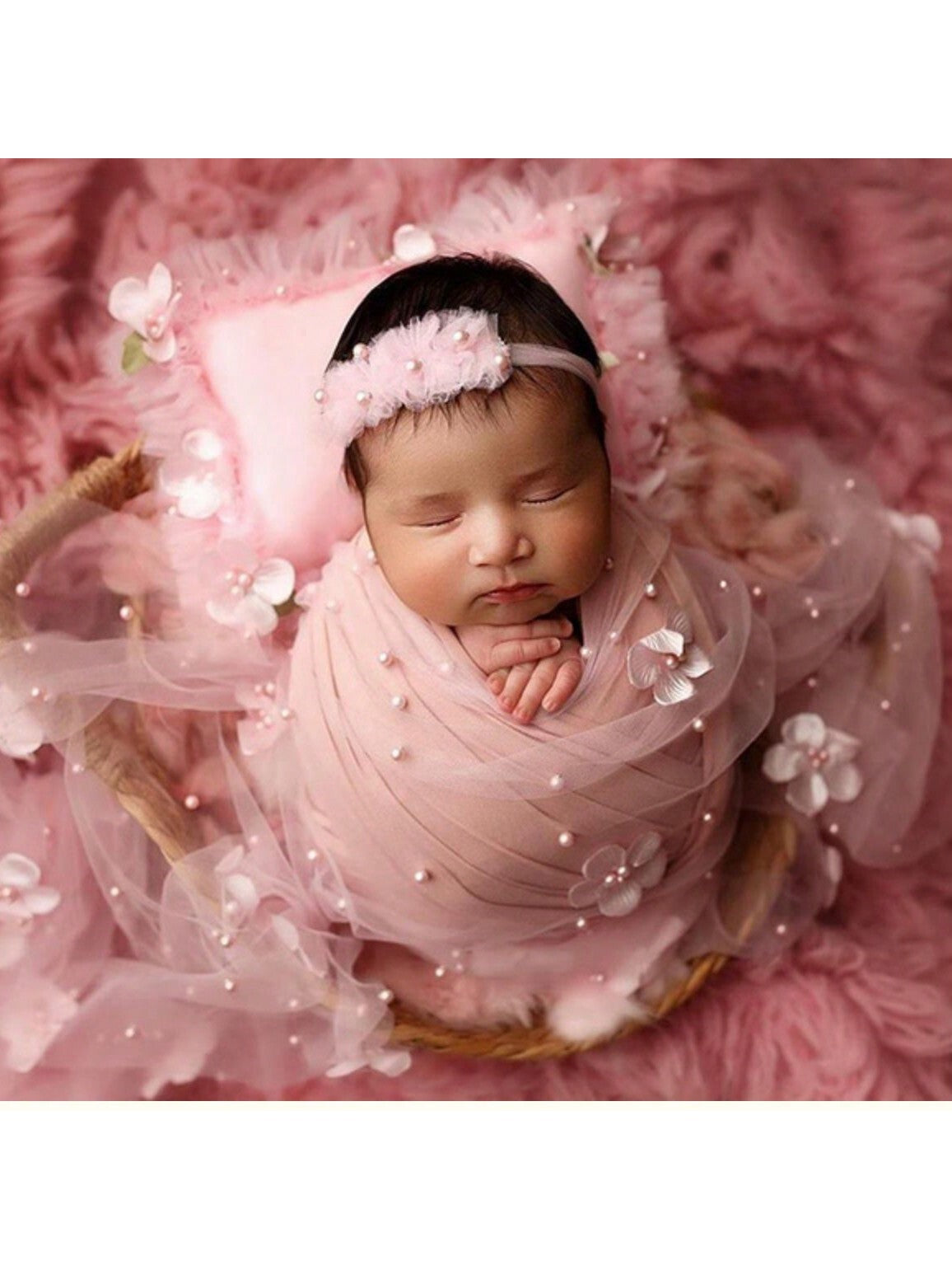 2pcs/Set Baby Pearl Wrap, With Headband, Newborn Photography Props, Floral Wrap, Chiffon Pearls, DIY Baby Boy/Girl Photo Shoot Blanket, Baby Shower Easter Gift