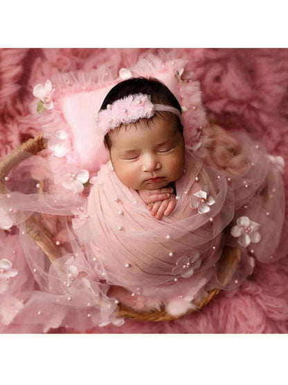 2pcs/Set Baby Pearl Wrap, With Headband, Newborn Photography Props, Floral Wrap, Chiffon Pearls, DIY Baby Boy/Girl Photo Shoot Blanket, Baby Shower Easter Gift