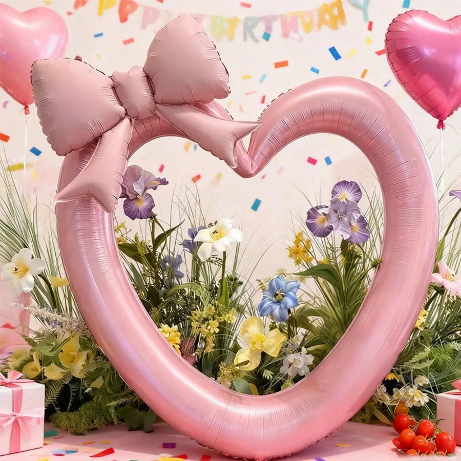 2pcs/Set Extra Large Pink & Red Hollow Heart Foil Balloons, Paired With Matte Pink/Red Bow, Suitable For Birthday Party, Engagement, Valentine's Day, Wedding Decoration Balloons, Valentine's Day Decor