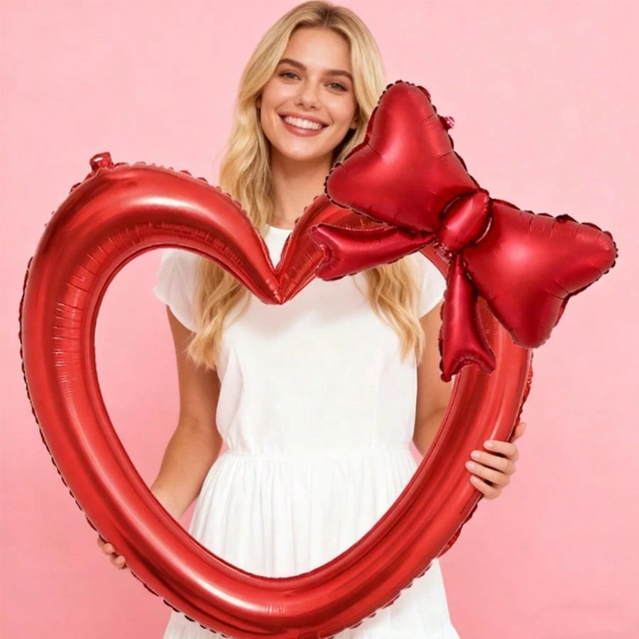2pcs/Set Extra Large Pink & Red Hollow Heart Foil Balloons, Paired With Matte Pink/Red Bow, Suitable For Birthday Party, Engagement, Valentine's Day, Wedding Decoration Balloons, Valentine's Day Decor