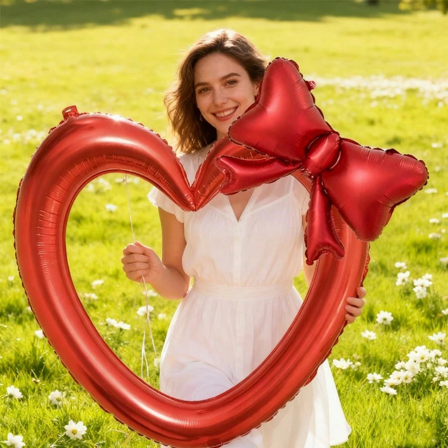 2pcs/Set Extra Large Pink & Red Hollow Heart Foil Balloons, Paired With Matte Pink/Red Bow, Suitable For Birthday Party, Engagement, Valentine's Day, Wedding Decoration Balloons, Valentine's Day Decor