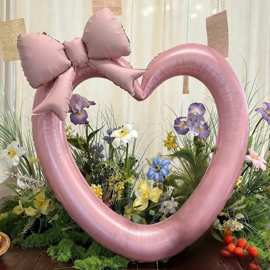 2pcs/Set Extra Large Pink & Red Hollow Heart Foil Balloons, Paired With Matte Pink/Red Bow, Suitable For Birthday Party, Engagement, Valentine's Day, Wedding Decoration Balloons, Valentine's Day Decor