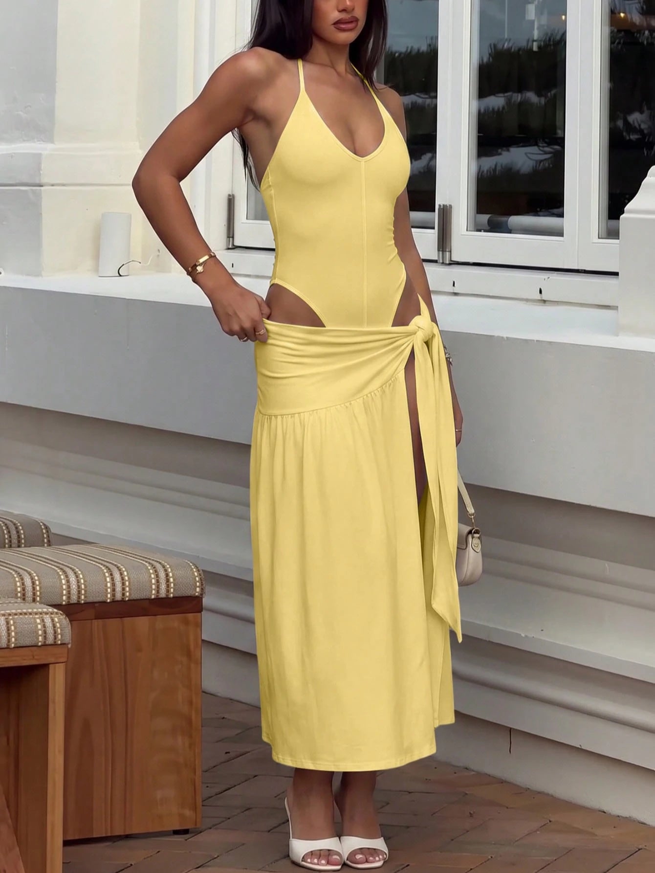 2pcs/Set Lace-Up Backless Jumpsuit Paired With Wrap-Around Mid-Length Skirt, Sexy Outfit Summer Elegant Yellow, Vacationcore