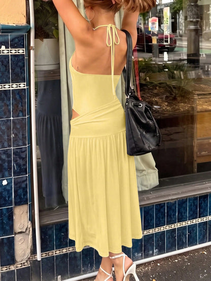 2pcs/Set Lace-Up Backless Jumpsuit Paired With Wrap-Around Mid-Length Skirt, Sexy Outfit Summer Elegant Yellow, Vacationcore