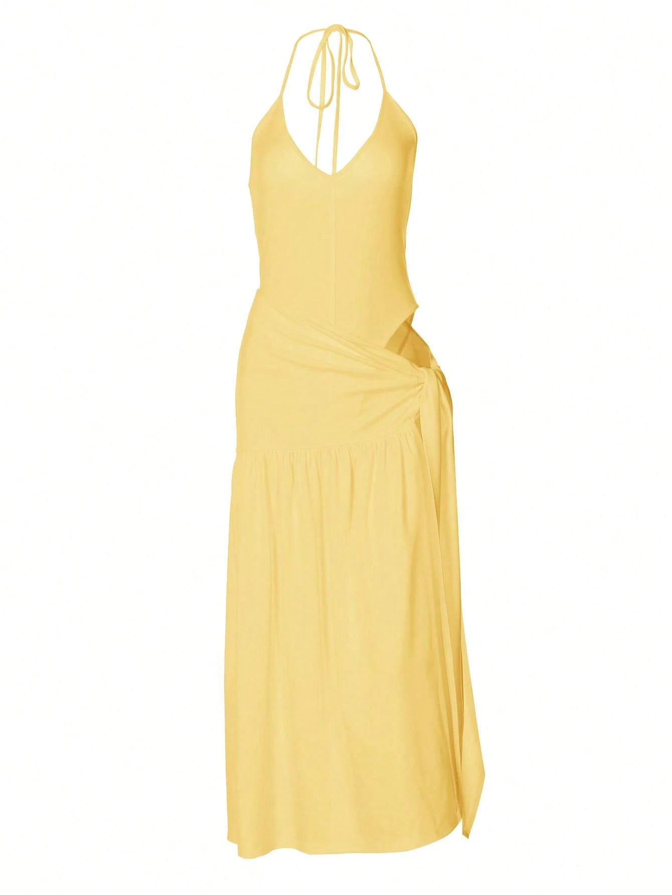 2pcs/Set Lace-Up Backless Jumpsuit Paired With Wrap-Around Mid-Length Skirt, Sexy Outfit Summer Elegant Yellow, Vacationcore