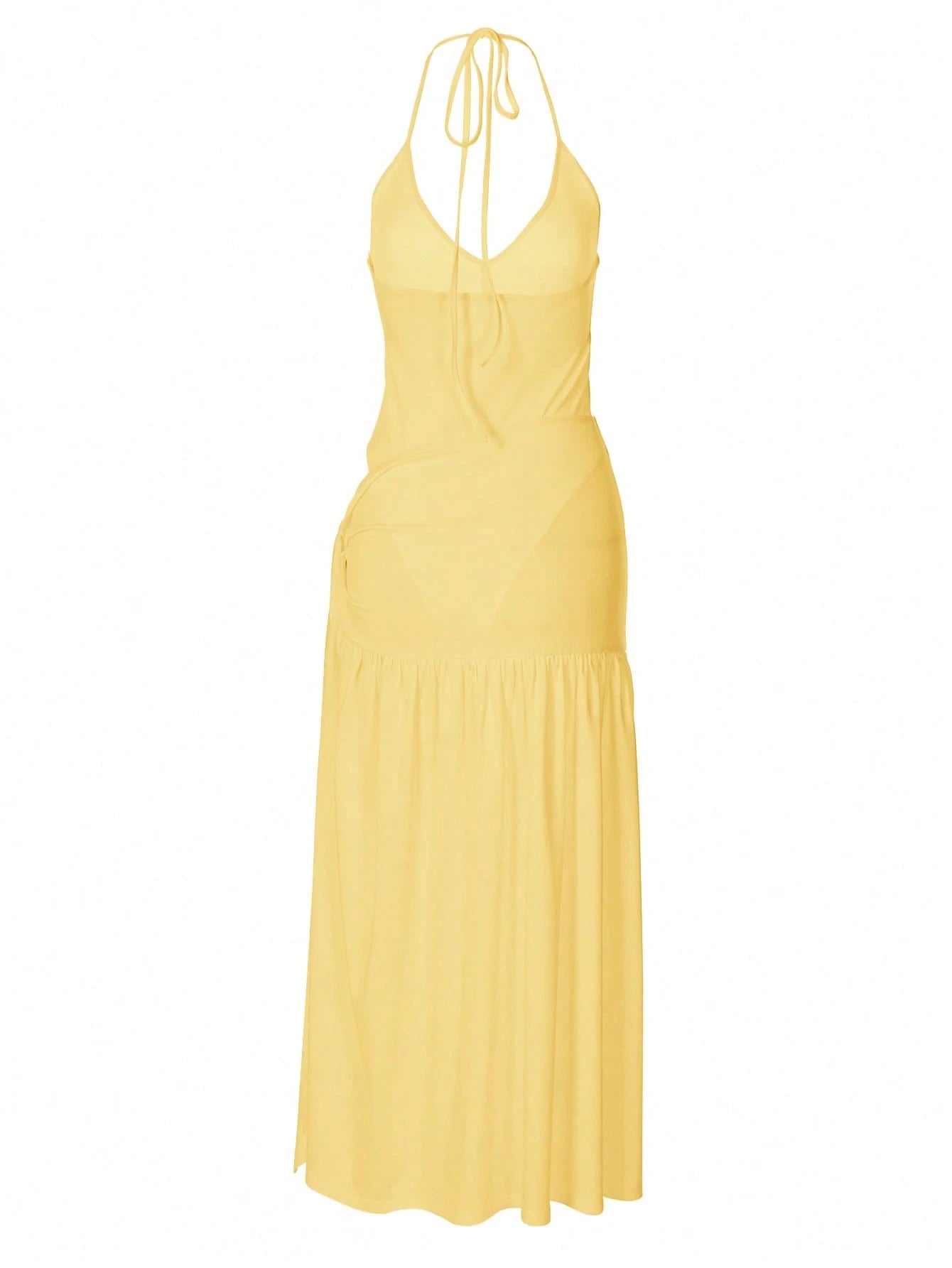 2pcs/Set Lace-Up Backless Jumpsuit Paired With Wrap-Around Mid-Length Skirt, Sexy Outfit Summer Elegant Yellow, Vacationcore