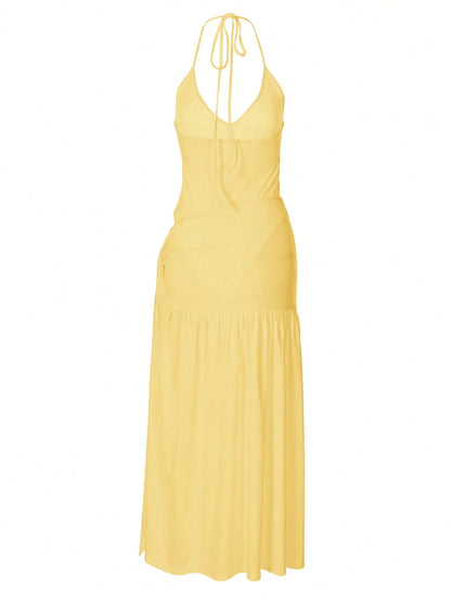 2pcs/Set Lace-Up Backless Jumpsuit Paired With Wrap-Around Mid-Length Skirt, Sexy Outfit Summer Elegant Yellow, Vacationcore