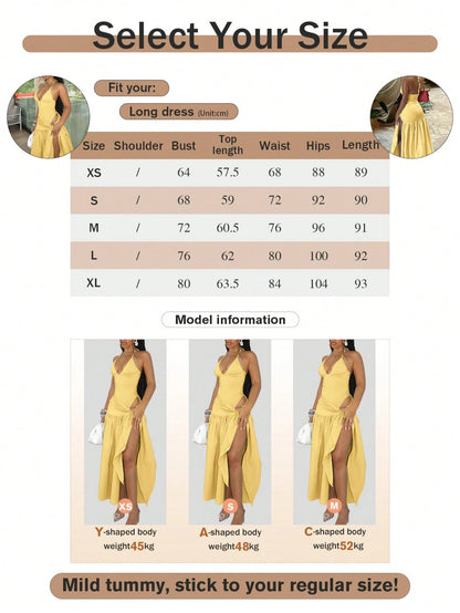2pcs/Set Lace-Up Backless Jumpsuit Paired With Wrap-Around Mid-Length Skirt, Sexy Outfit Summer Elegant Yellow, Vacationcore