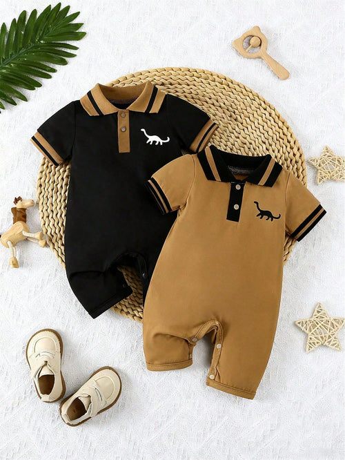 2pcs/Set Newborn Baby Boys' Dinosaur Print Polo Collar Short Sleeve Romper Outfit, Summer