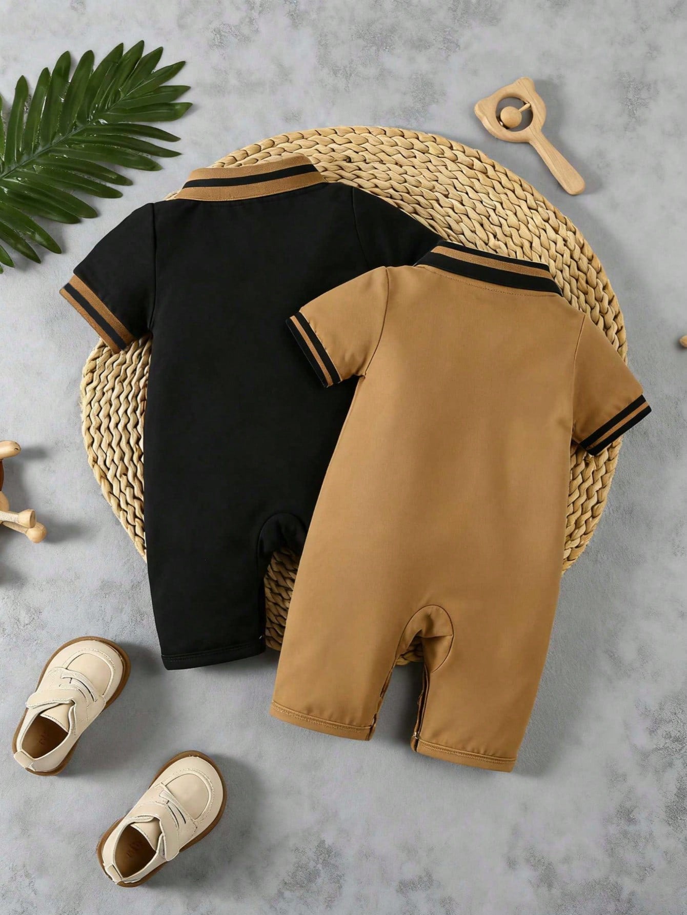 2pcs/Set Newborn Baby Boys' Dinosaur Print Polo Collar Short Sleeve Romper Outfit, Summer