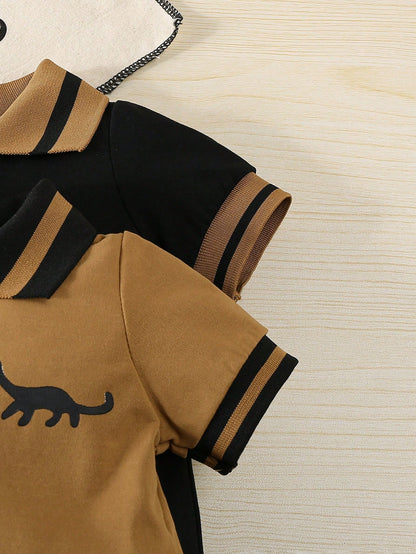 2pcs/Set Newborn Baby Boys' Dinosaur Print Polo Collar Short Sleeve Romper Outfit, Summer