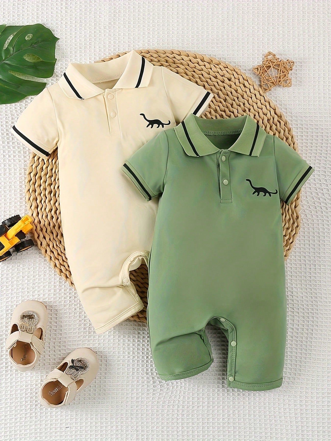 2pcs/Set Newborn Baby Boys' Dinosaur Print Polo Collar Short Sleeve Romper Outfit, Summer
