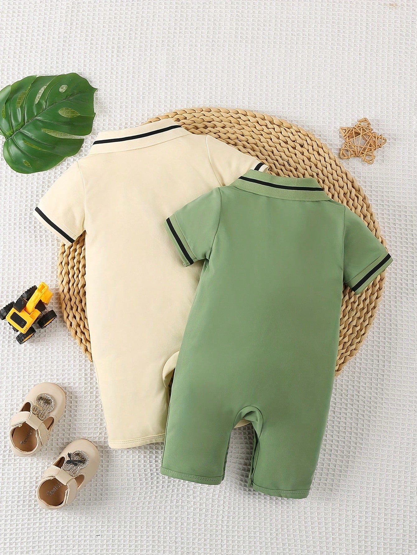 2pcs/Set Newborn Baby Boys' Dinosaur Print Polo Collar Short Sleeve Romper Outfit, Summer