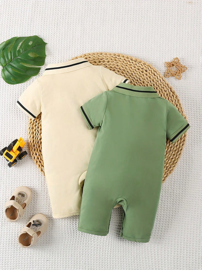 2pcs/Set Newborn Baby Boys' Dinosaur Print Polo Collar Short Sleeve Romper Outfit, Summer