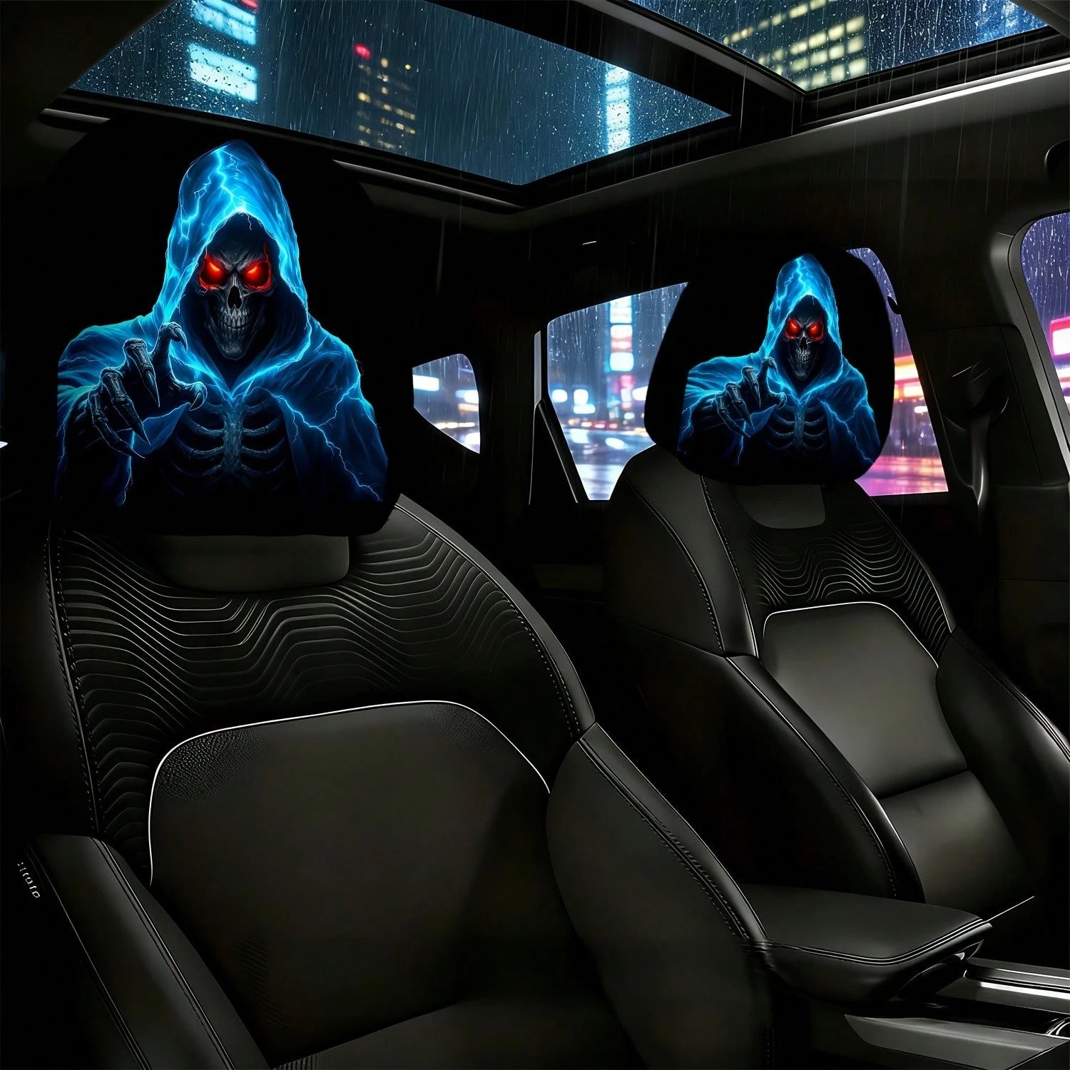 2pcs Set Of Ghostly Blue Lightning Skull Grim Reaper Reaching Out Themed Car Headrest Covers, Durable, Stylish, And Comfortable Vehicle Seat Headrest Protectors, No Filling, Easy To Install, Suitable