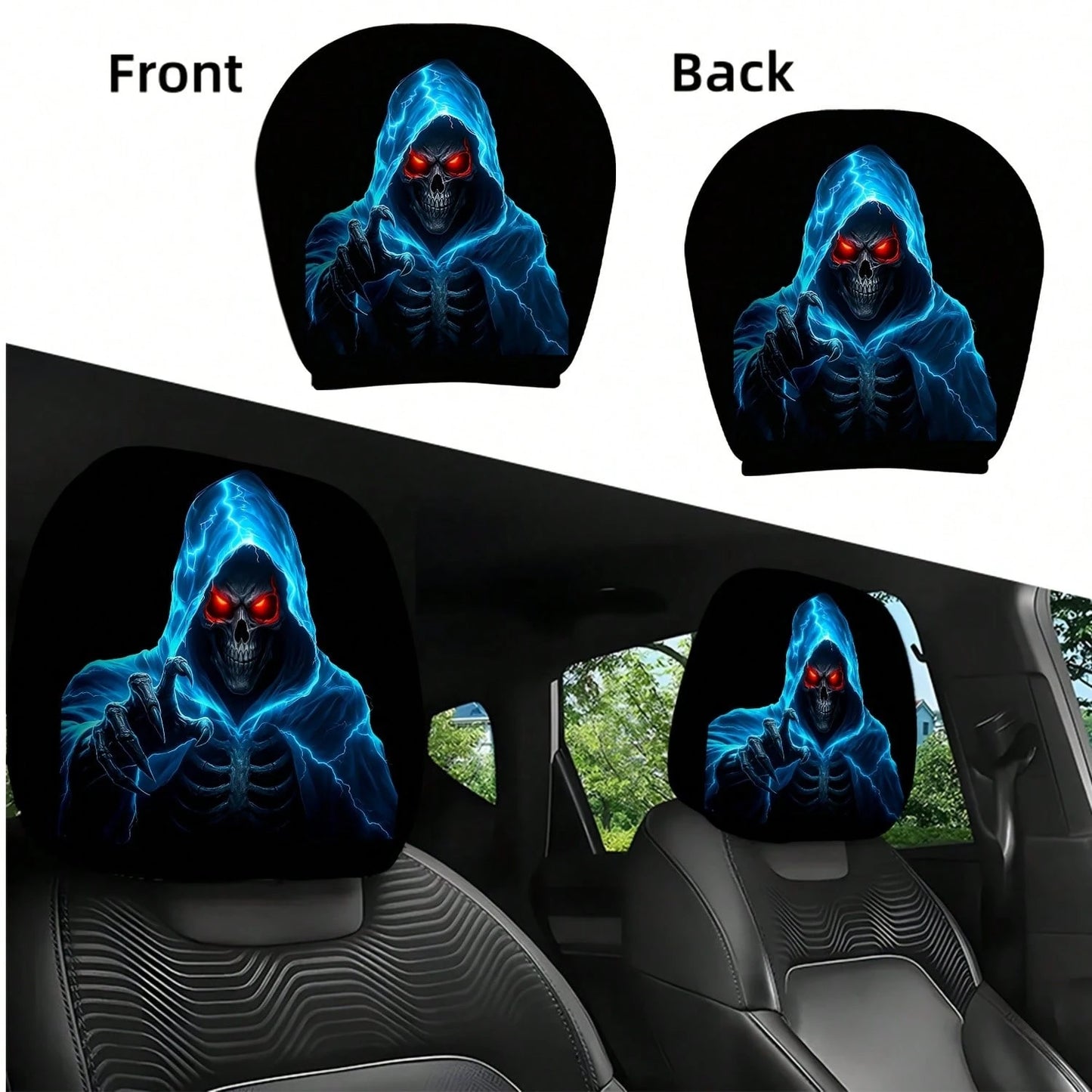 2pcs Set Of Ghostly Blue Lightning Skull Grim Reaper Reaching Out Themed Car Headrest Covers, Durable, Stylish, And Comfortable Vehicle Seat Headrest Protectors, No Filling, Easy To Install, Suitable