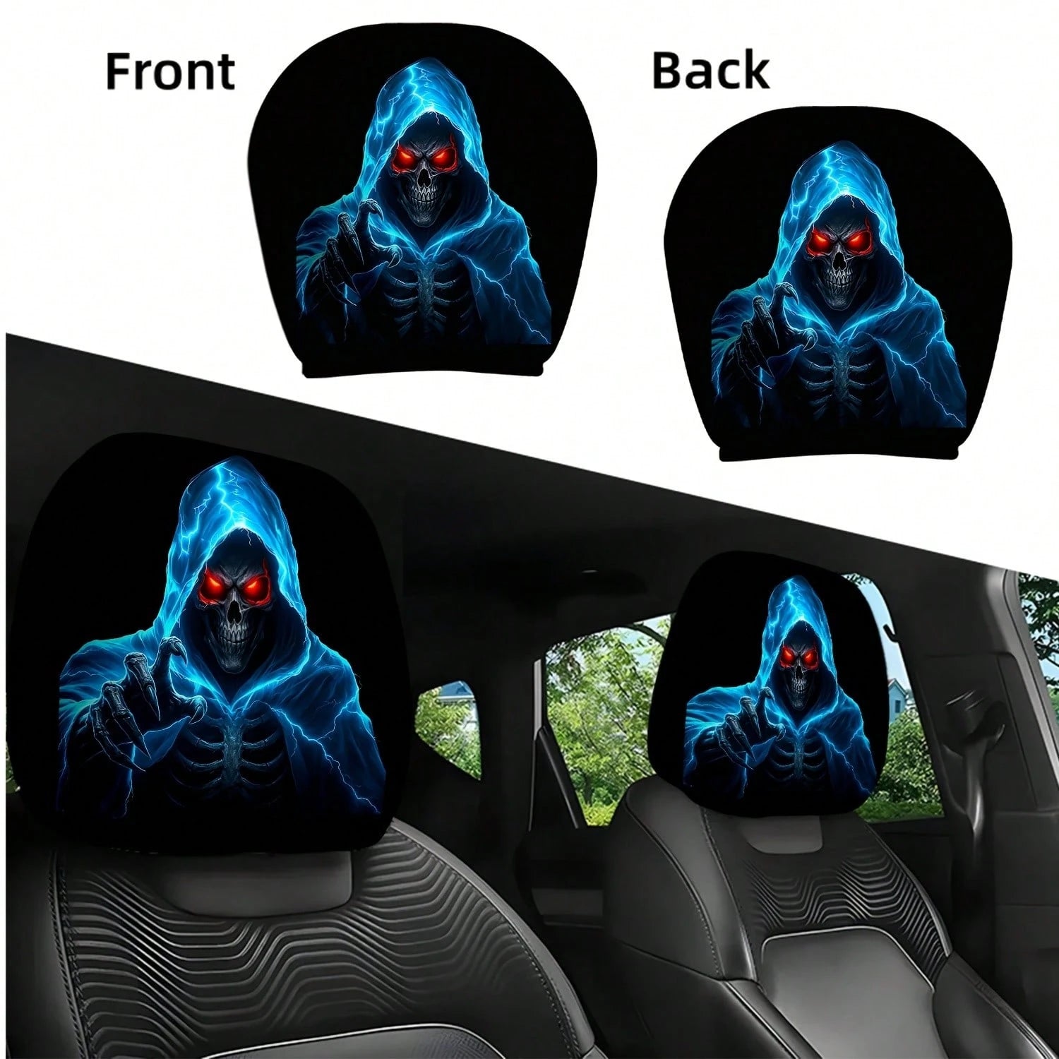 2pcs Set Of Ghostly Blue Lightning Skull Grim Reaper Reaching Out Themed Car Headrest Covers, Durable, Stylish, And Comfortable Vehicle Seat Headrest Protectors, No Filling, Easy To Install, Suitable