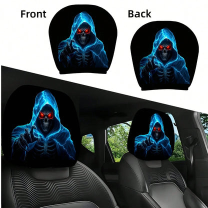 2pcs Set Of Ghostly Blue Lightning Skull Grim Reaper Reaching Out Themed Car Headrest Covers, Durable, Stylish, And Comfortable Vehicle Seat Headrest Protectors, No Filling, Easy To Install, Suitable
