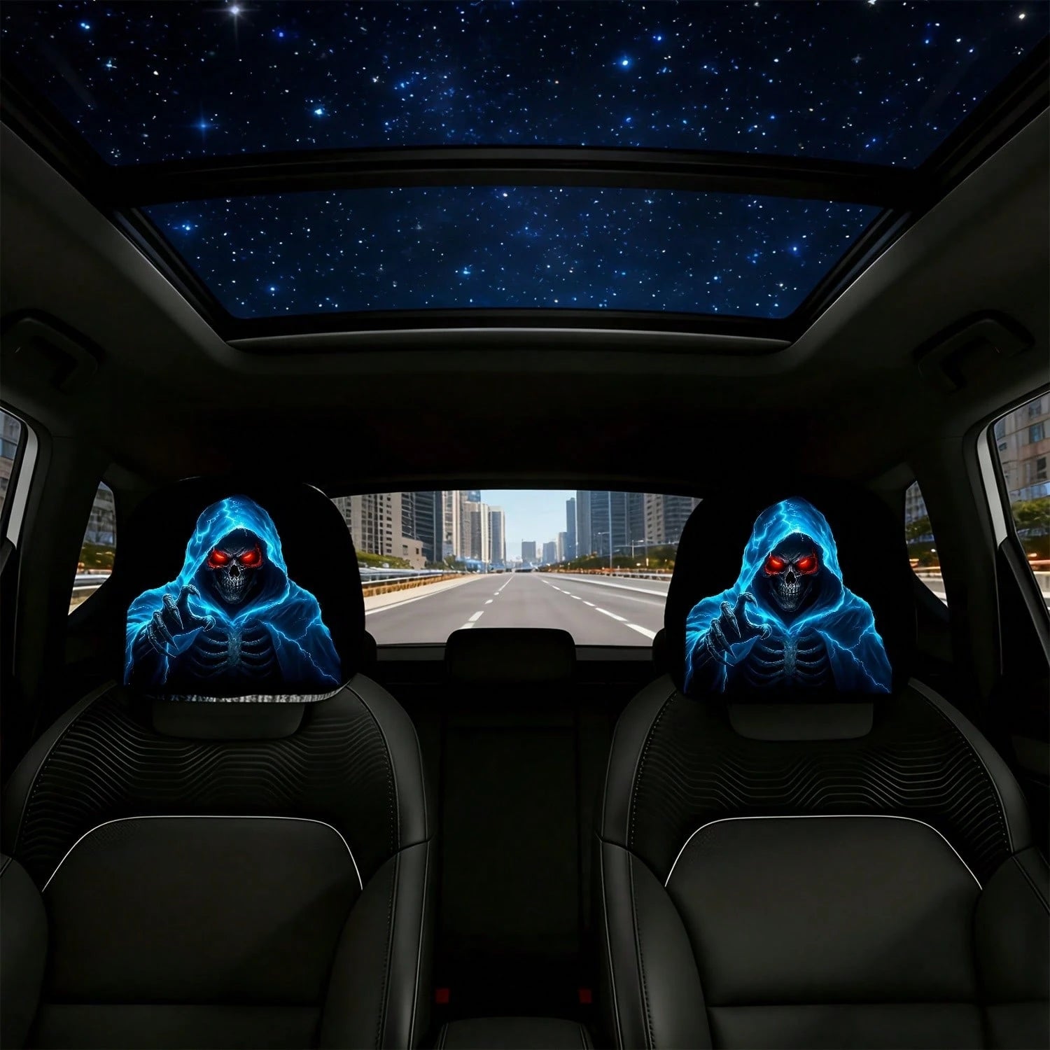 2pcs Set Of Ghostly Blue Lightning Skull Grim Reaper Reaching Out Themed Car Headrest Covers, Durable, Stylish, And Comfortable Vehicle Seat Headrest Protectors, No Filling, Easy To Install, Suitable